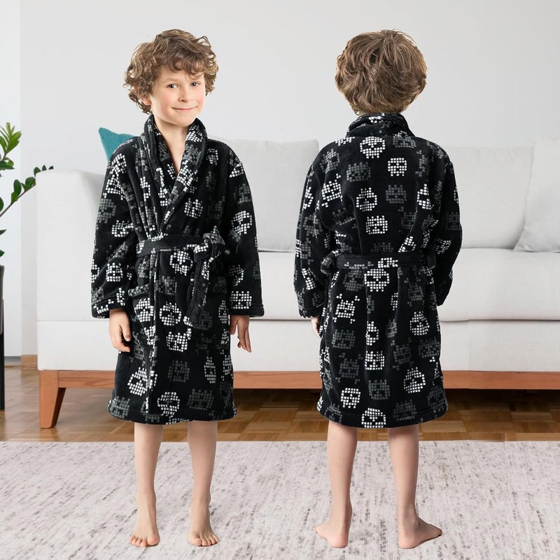 Leapsea Skull Print Boys Coral Fleece Bathrobe with Collar, Super Soft and Warm Pajama for Kid 7-16 Years - Image 1